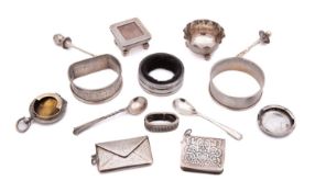A mixed group of silver including; a Victorian silver stamp box Birmingham 1900,