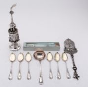 A mixed group of Continental silver including; a late 19th century Judaica spice tower,