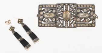An Art Deco brooch and a pair of Art Deco style earrings,