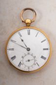 An 18ct gold open-faced pocket watch the white enamel dial having black Roman numerals,