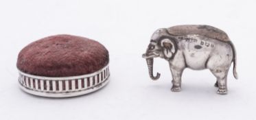 An Edward VII silver Elephant pin cushion by Sydney & Co, Birmingham 1905,