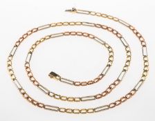 A 9ct gold tri-colour necklace, of figaro links, push-in clasp and figure of eight safety catch,