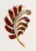 A diamond and enamel leaf spray brooch, the stem set with graduated brilliant-cut diamonds,