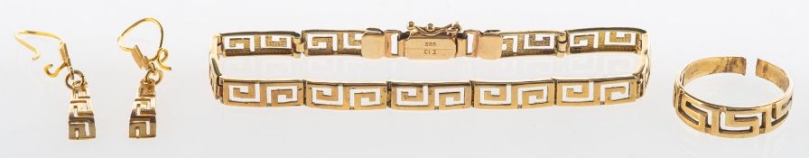 A Greek key design bracelet, earrings and ring,