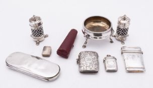 A mixed group of silver items including; a George V spectacle case by Arthur Barnett & Co Ltd,