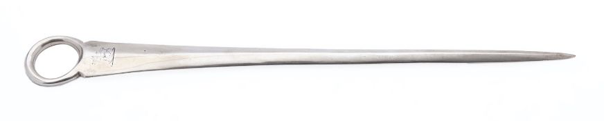 A George V silver skewer maker's mark rubbed, London 1930, with an engraved crest, 23cm. (9ins.