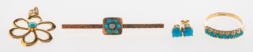 A group of turquoise set jewellery, including a 9ct gold ring set with seven turquoise cabochon's,