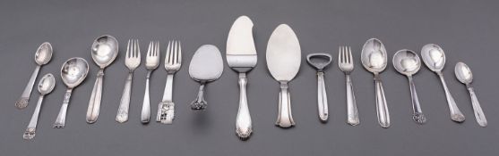 A mixed group of mid 20th century Danish silver including; four various cake forks, eight spoons,