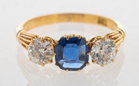 An antique three stone sapphire and diamond ring,