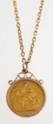 A full sovereign in pendant mount with chain, an Edward VII 1908 full sovereign in a pendant mount,