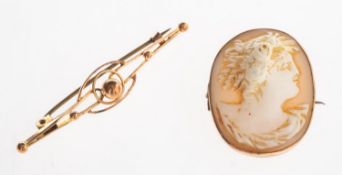 A cameo brooch and a bar brooch, a cameo brooch in plain mount, metal pin, marked 9ct to verso,