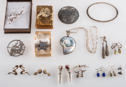 A mixed group of costume and silver jewellery, including two pairs of boxed earrings by Palenque,