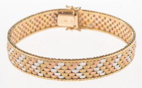 A tri-colour bracelet, a brick link bracelet with textured finish, push-in clasp,