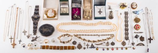 A mixed group of costume and silver jewellery and items of interest,