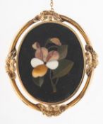 A Pietra Dura flower mosaic brooch, with an openwork foliate mount, safety chain, unmarked,