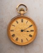 An 18ct gold open-face pocket watch having a gold dial with black Roman numerals,