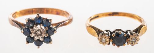 Two 9ct gold sapphire and diamond rings,