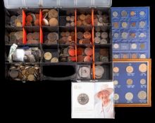 A collection of coins including higher grade 1901 Florin and 1594 Elizabeth I sixpence, coin sets,
