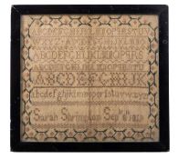 A needlework sampler by Sarah Shrimpton dated 1819.