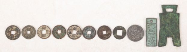 A collection of identified Chinese coins. Together with a lead amlet etc.
