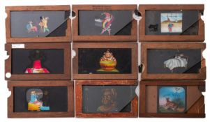 A collection of magic lantern slip slides.