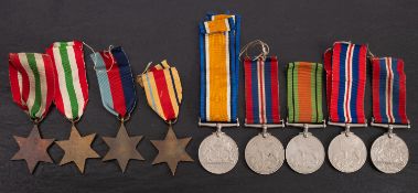 A collection of nine WWII service medals.