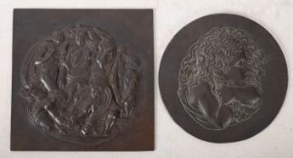 Two bronze Medallic plaques, one of square form with repousse Classical scene, 15x15cm,