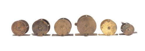 A mixed collection of brass fly fishing reels. Names include Haywood and A&NCF etc.