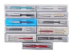 A collection of ten Parker ball point pens. In a range of colours, all boxed.