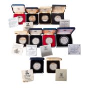 Ten silver crown sized coins, including Falkland Islands, two 1977 Silver Jubilee,