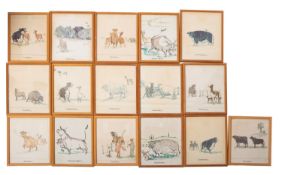 A collection of sixteen framed cartoon prints of cows and bulls, 'Lovabull', Unforgetabull' etc.
