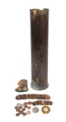 A WWII 20pdr shell case, together with a collection of GB and foreign coins,