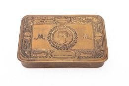 A WWI 1914 Christmas tin. Of brass construction with Christmas 1914 stamped to the front.