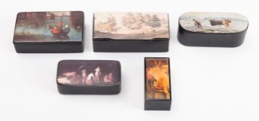 A collection of five reproduction ebonised snuff boxes.