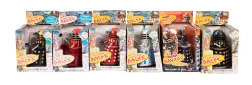 A collection of six Dr Who Talking Daleks. Including Davros etc, all boxed.