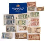 A selection of bank notes, including two Fforde £5 notes, Hong Kong twenty dollar note, etc.