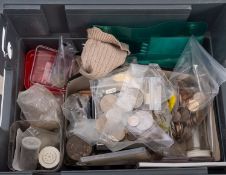 A box of assorted coins, including a quantity of British modern currency and pre-decimal.