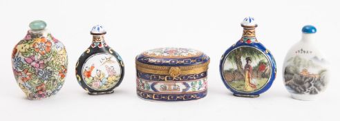 A collection of five Chinese snuff bottles. Mainly floral decoration and complete with lids.