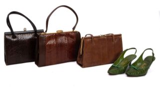 A pair of mid 20th century green snakeskin lady's shoes by 'Miss Rayne',