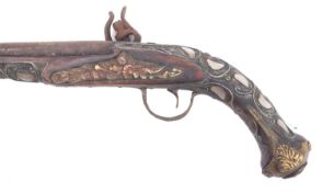 An Indian reproduction flintlock pistol, with pewter wire and abalone inlaid stock, 43cm long.