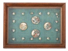 A framed set of early 20th century Satsuma buttons together with a set of enamel buttons,