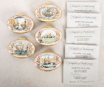 A collection of five Halcyon Days Maritime England enamel boxes, comprising;- Trafalgar,