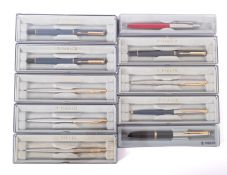 A collection of ten Parker ball point pens. In a range of colours, all boxed.