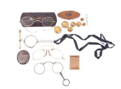 A pair of yellow metal pinz-nez, together with two pairs of lorgnettes,