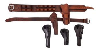 A collection of reproduction leather pistol holsters in 19th century style. Comprising Colt SA 4.