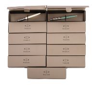 A collection of ten Parker ball point pens. In a range of colours, all boxed.