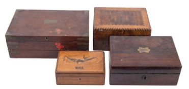 Two early 20th century olive wood needlework boxes with miscellaneous accoutrements,