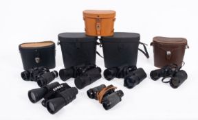 A mixed collection of binoculars. Including Saragota, Tasco, Mark Scheffel etc, mostly cased.