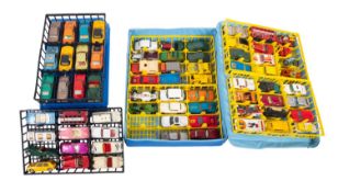 A collection of diecast cars in two Matchbox carry cases. Including Matchbox, Dinky and Corgi etc.