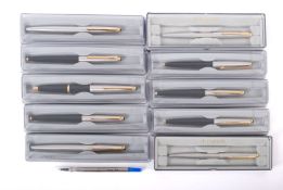 A collection of ten Parker ballpoint pens. Mainly silver and black examples, all boxed.